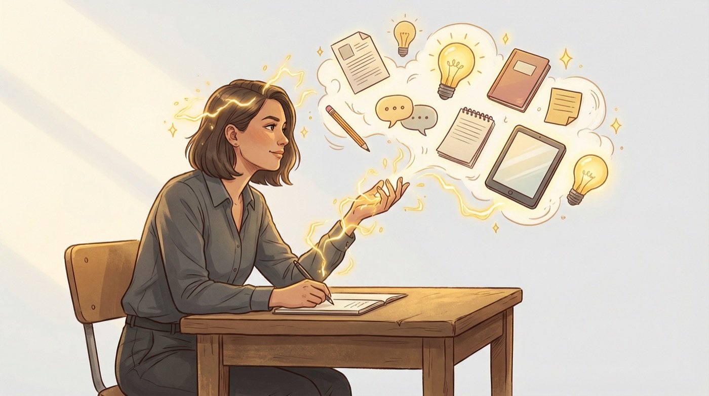 A person at a desk surrounded by floating ideas and documents