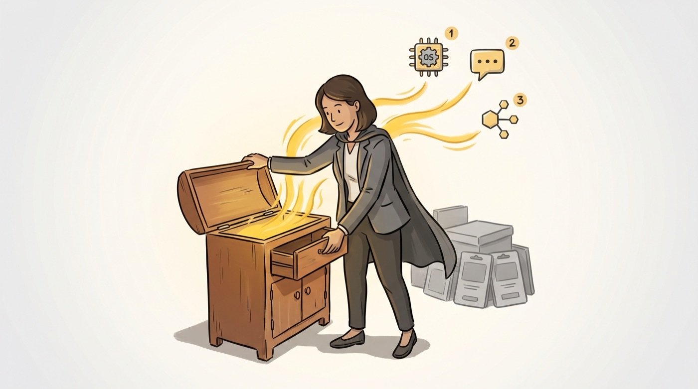 An operator opening a toolbox of golden tools — frameworks, prompts, and patterns ready to use