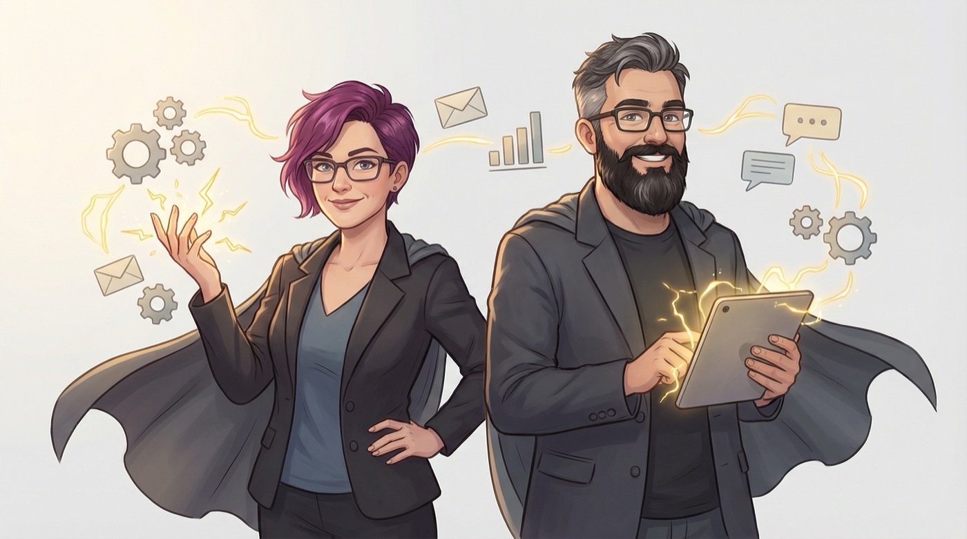 A person calmly commanding their business tools