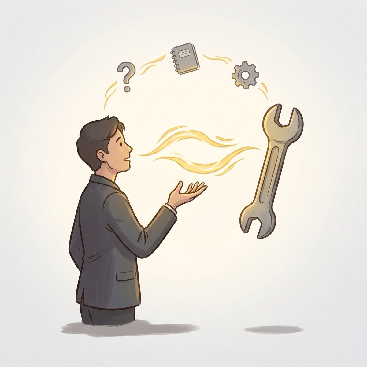 A practitioner asking a floating wrench what it needs, golden energy looping between them in conversation