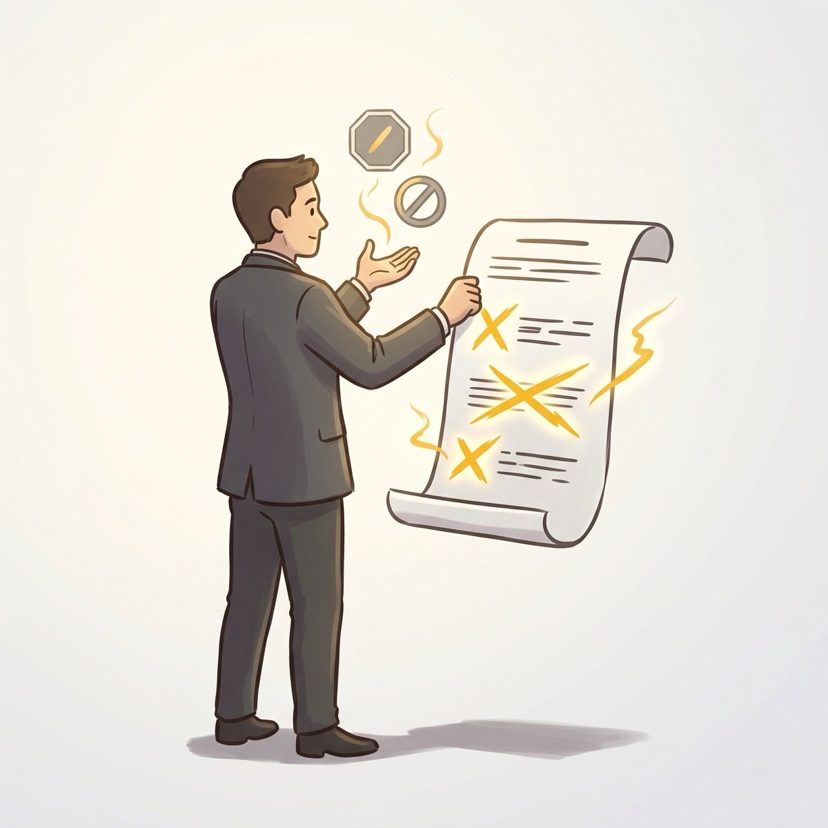 A practitioner holding a list with golden X marks crossing items out, the negations rendered as the headline