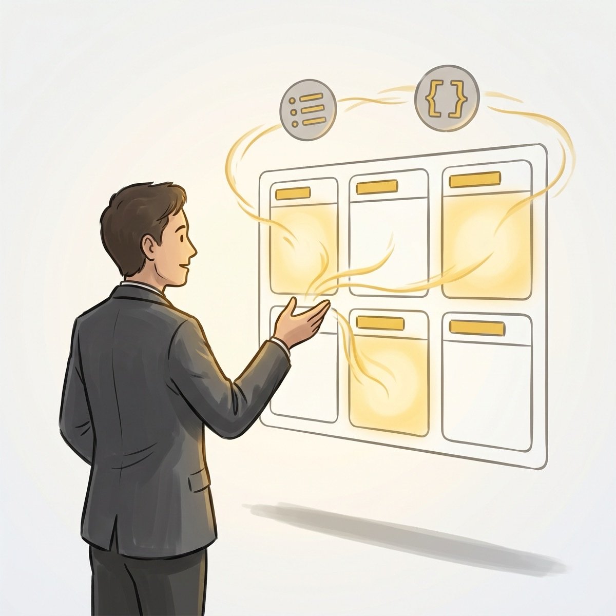 A practitioner gesturing toward a grid of labeled slots filling with golden content