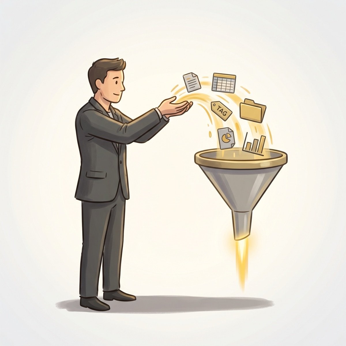 A practitioner pouring curated data shapes into a funnel that emits a concentrated golden beam